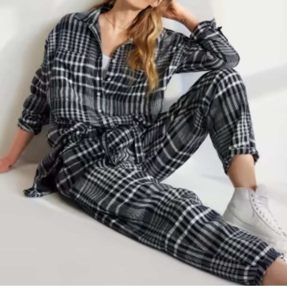 NWT Everlane The Linen Pull On Barrel Pants Navy Plaid Tie Front M High Waist - Picture 1 of 12